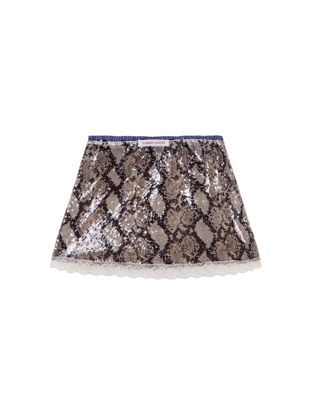 Sequin Snake-Print Mini Skirt in Brown and Silver with Lace Trim